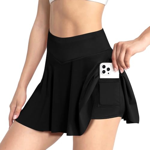 AUYAO Jupe de Tennis Femme, 2 en 1 Jupe de Golf Mini Skorts Skirt Plissée avec Poches et Pantalon, Croisée en V et Taille Haute, pour Golf, Cyclisme, Randonnée, Course à Pied(S)