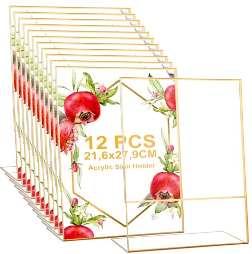 12 Stück Tischaufsteller mit Goldrand, 217x282MM Acryl Aufsteller Din A4 Tischaufsteller Schräg, Transparent Acryl Tischaufsteller, L-Acryls Ständer für Hochzeitsparty, Restaurants, Ausstellungen