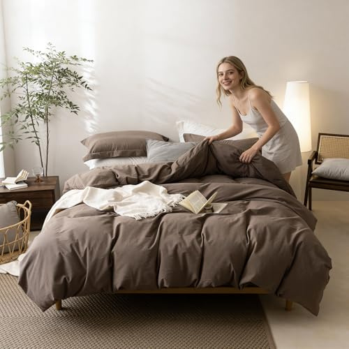 BDEAR Linen Feel Light Chocolate Brown Duvet Cover Alaskan King Size 132'' W x 120'' W, Percale 100% Washed Cotton Duver Cover with Zipper Closure Plus 2 Pillowcases, Oeko TEX Standard Certificated