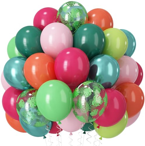 Tropical Balloons, 60 PCS Summer Hawaiian Balloons, Hot Pink Lime Green Orange Metallic Latex Balloon Palm Leaves Helium Party Balloon for Baby Shower Aloha Luau Beach Summer Party Decorations