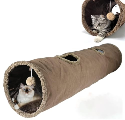 Katzentunnel, Indoor-Katzenspielzeug, 124 x 29 cm, faltbarer großer Tunnel, Übungs-Katzentunnel mit interaktivem Ball, Spielzeug für drinnen und draußen, für Kätzchen, Welpen und Kleintiere