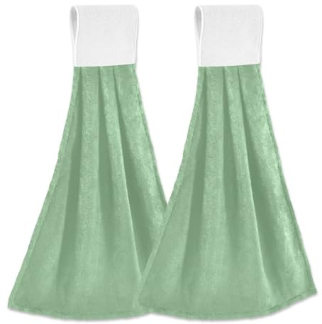 Joitme Sage Green Hanging Hand Towels for Kitchen, Bathroom - Soft Coral Fleece Towel with Magic Tape Loop, Ultra Absorbent Dish Cloths