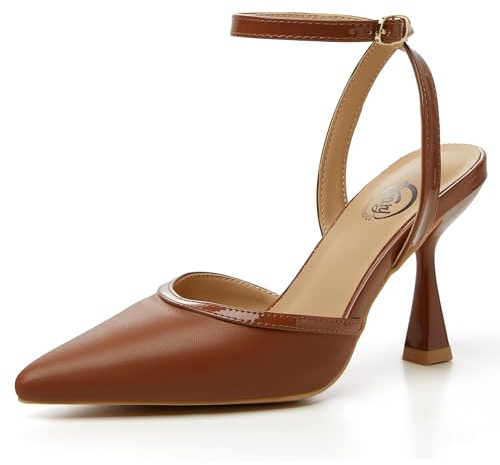 Trary Brown Heels Women Slingback Pointed Toe Stiletto Heels Ankle Strap Comfortable Women's Pumps PU Leather 3.35 Heel Work Party Dress Shoes, Size 10