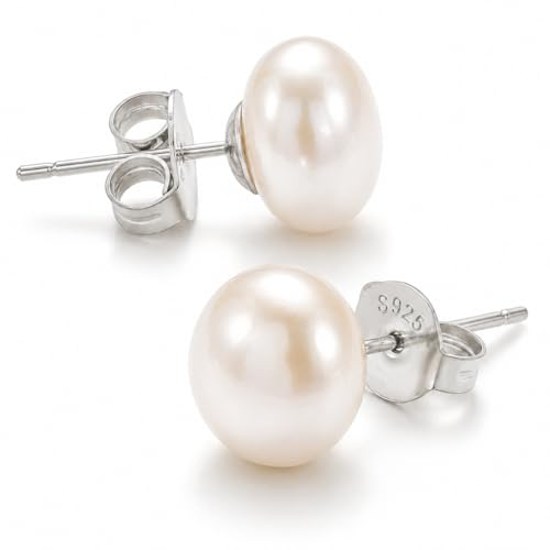LILY FLOWER JEWELRY Pendientes Perla Mujer Tipo Botón 8 mm, Plata de Ley 925, Perlas Cultivadas de Agua Dulce, Hipoalergénicos, Baño de Rodio, Cierre Mariposa, Regalo para Mujer y Dia de la Madre
