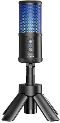 Luocute Professionell USB-kondensatormikrofon, Spelmikrofon med Ljudkvalitet på studionivå med 48kHz 24-bitars Ljud och AI-brusreducering, Hopfällbart Justerbart Stativ med RGB-belysning