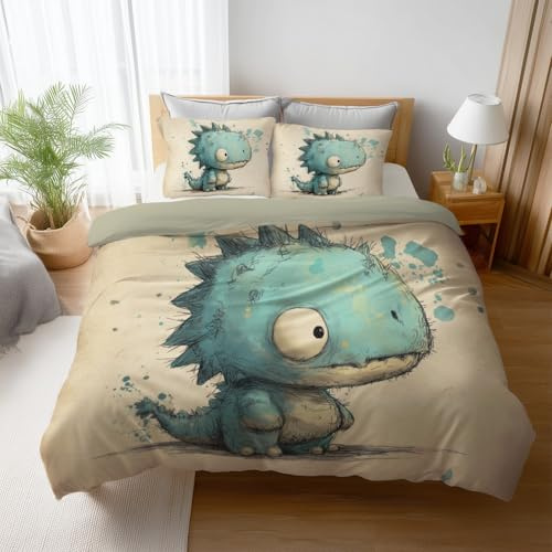 Beige Ciano Cartone Animato Carino Dinosauro 260 x 240cm(102 x 95) Parure Copripiumino Completa Singola Doppia Morbida Biancheria da Letto Parure Biancheria da letto Elegante con 2 Federa