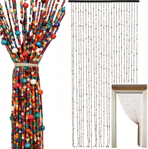 LengSuaa Bamboo Beaded Door Curtain, 27 Strands Boho Door Bead Curtain, Hanging Bamboo Wooden Bead Curtain Retro Handmade for Doors as Decoration & Insect Protection
