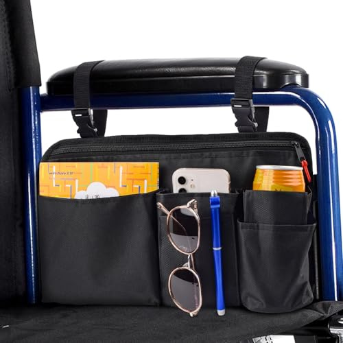 Wheelchair Side Bag with Cup Holder,Wheelchair Armrest Pouch Accessories for Walker, Rollator, Electric Scooter Wheelchairs,Nylon Walker Side Bag, Black