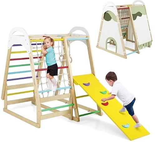 COSTWAY Klettergerüst Indoor, 6 in 1 Turnringen & Kletterfelsen & Kletternetz & Leiter & Pull Up Bar & Spielzelt, Kletterspielzeug Indoor für Kinder ab 1 Jahre (Bunt)
