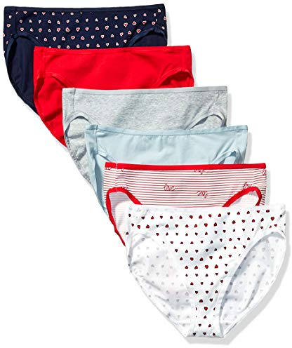 Amazon Essentials Women's Cotton High Leg Brief Underwear (Available in Plus Size), Breathable, Pack of 6, Multicolour/Hearts/Stripes, 20