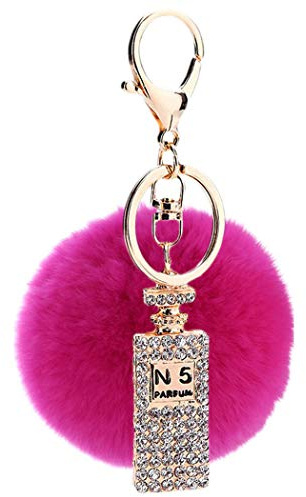 Canarea Schlüsselanhänger plüsch ball Taschenanhänger strass bommel Keychain Elegant Plüsch-Kugel Auto-Anhänger Pompom mit Strass Parfümflasche Glitzer Weich Schlüsselring (Rosa Rot)