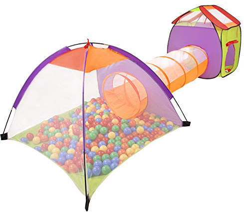 SELONIS 3In1 Spielzelt Mit Tunnel Spielplatz Popup Bällebad Mit 200 Bälle Für Kinder, Mehrfarbig:Gelb/Grün/Blau/Rot/Orange