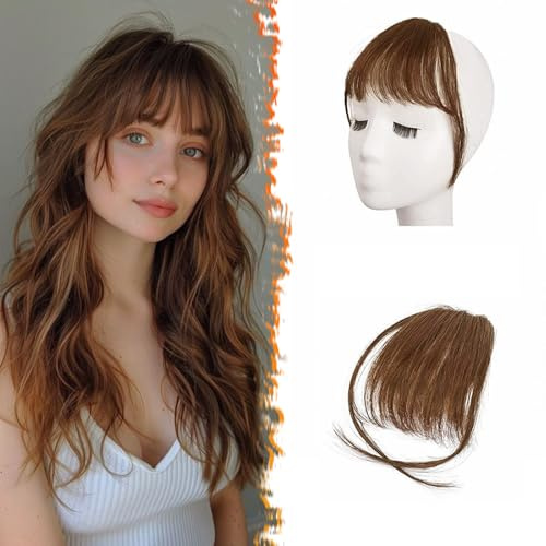 BARSDAR Clip in Pony Echtes menschliches Haar, Echtes menschliches Haar Clip in Bangs für Frauen - Mittelbraun Wispy Pony Extensions Fringe mit Schläfen Echtes Haar Fringe Haarteile - Mittelbraun