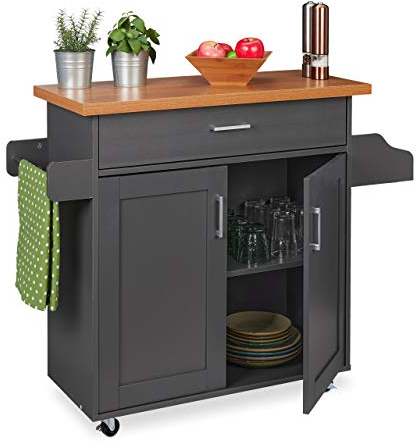 Relaxdays Küchenwagen, Arbeitsplatte, Schublade, 2 Fächer, Gewürz- & Handtuchhalter, mobiler Küchenschrank, grau/Natur