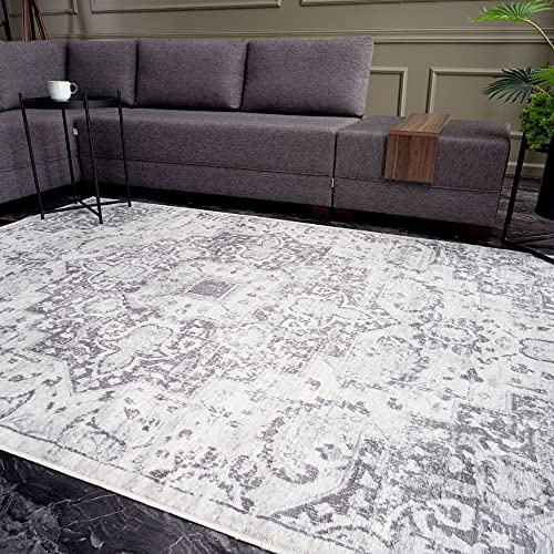 THE RUGS AREA RUG LIVING ROOM BEDROOM LARGE SMALL VINTAGE SOFT SHORT PILE BORDERED CLASSIC ORIENTAL DESIGN TRADITIONAL PERSIAN MOROCCAN BOHO CARPET - XLARGE 200X290 CM, GREY MEDALLION DESIGN