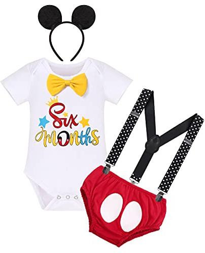 Halfway to One Baby Boy Outfit 1/2 Birthday Romper+Diaper Cover Shorts+Y-Back Suspenders+Mouse Headband Mickey Gentleman Formal 4pcs Set Cake Smash Photo Shoot for Infant Toddler Red-Six months 6-12M