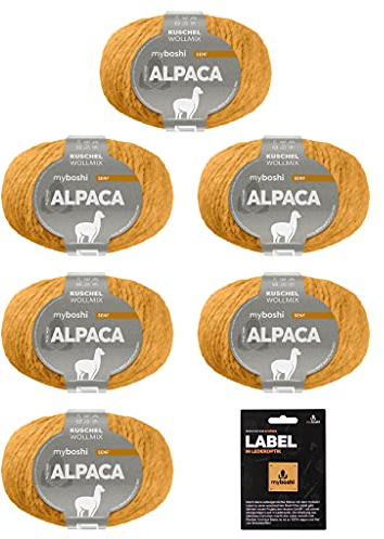 myboshi Alpaca-Wolle inkl. original Label in Lederoptik, zum Häkeln/Stricken, temperaturregulierend, angenehm weich, für Damenoberbekleidung Gelb (Senf), 6 Knäuel