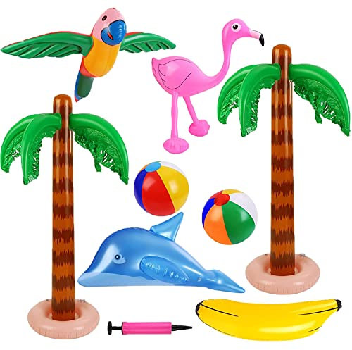 WAIZHIUA 9Pcs Inflatable Palm Trees Flamingos Toys Inflatable Banana Beach Balls Flying Parrot Dolphin for Hawaii Party Decor Luau Party Backdrop (with Air Pump)