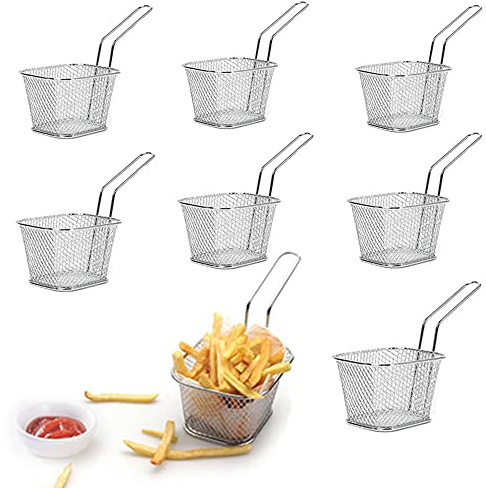 WINHONW 8pcs Mini Square Fry Bakests French Fries Basket 4.1x3.3x2.6Inches Table Serving Frying Chips Baskets, French Fry Holder for Kitchen Restaurant Party Barbecue(Silver)