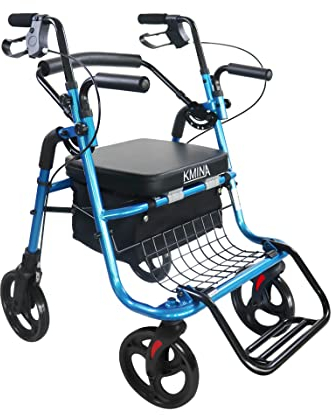 KMINA - Rollator Rollstuhl 2 in 1 Glatte Böden, Sitz, Korb, Senioren Faltbar, Schwarz Blau