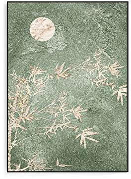 Handgemalte Acrylbilder, Grüne Textur Runder Mond Bambusblatt Äste Landschaft Moderne Abstrakte Kunstwerke Rahmenlose Original Handgemalte Ölgemälde Auf Leinwand Wandkunst Für Wohnzimmer Schla