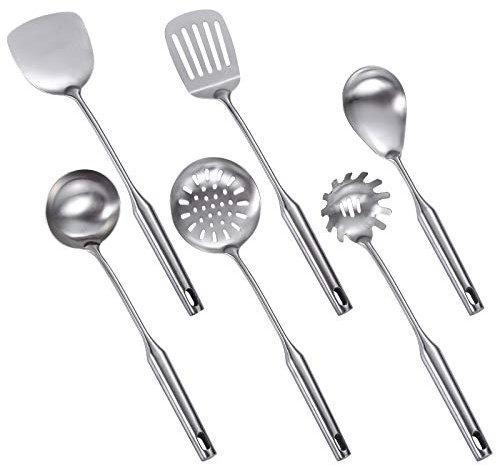 Rfeeuubft Juego de utensilios de cocina de acero inoxidable 304, colador, espátula, pala, utensilios de cocina, 6 piezas, accesorios de cocina