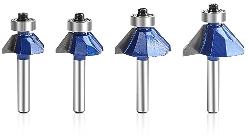 Yueqing Zhongji 45 Grad Fasenfräser-Set, 1/4 Zoll Schaft, Schnittdurchmesser in 1/2 Zoll, 5/8 Zoll, 11/32 Zoll, 25/64 Zoll C3 Hartmetall Ideal für abgewinkelte Kanten, saubere Kanten oder dekorative