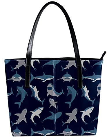Blaue Hai-Muster, marineblauer Hintergrund, Schultertasche, leicht, lässig, Schultasche, Lehrertasche, Handtasche, Geldbörse, Mehrfarbig