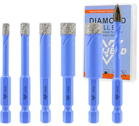 Punte da Trapano Diamantate - 5/6/8/10/12mm 5 Pezzi Punte per Piastrelle e 6mm Punta in Carburo per Ceramica Porcellana Marmo Granito - Attacco Esagonale a Cambio Rapido con Custodia