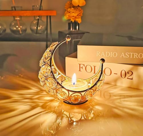 Ramadan Dekorative Teelichthalter Gold Dekoration Wohnzimmer Moderne Mond Kerzenhalter Kristall Kerzenhalter Mond Teelichthalter Metall Windlichter Tischdekoration für Hochzeit Party Ramadan