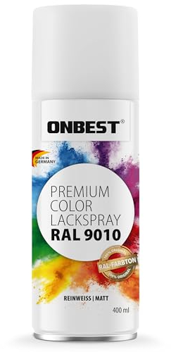 Onbest Premium Lackspray Sprühfarbe – wasserfest – Sprühlack Farbe zum Lackieren, Dekorieren & Reparieren von Oberflächen wie Metall, Holz, Kunststoff, Pappe, Stein (RAL 9010 Reinweiß Matt)