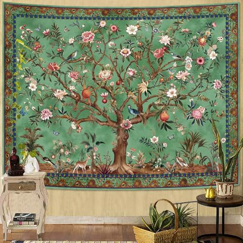 Faxdong Boho Tree of LIfe Tapestry, Vintage Flower Leaves Birds Plant Animal Pattern Tapestries, Retro Indian Bohemian Aesthetic Wall Hanging Green 36×48 inch