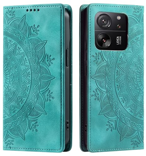 CASEONJAN Handyhülle für Xiaomi 13T / 13T Pro Hülle, PU Leder Klapphülle [Kartenfach], Flip Wallet Case Handytasche Prägung Schutzhülle für Xiaomi 13T / 13T Pro (Vintage Grün)