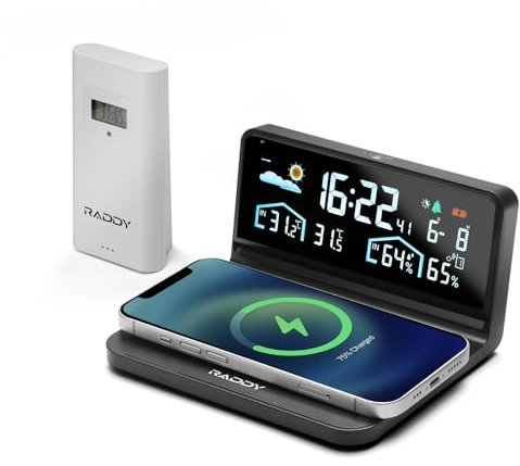 Raddy DT5-W Stazione Meteo Senza fili con Sensore Esterno, Display a Colori Grandangolare, Ricarica Wireless QI da 15 W, Funzione Sveglia e Snooze, Previsioni Meteo, Retroilluminazione Regolabile