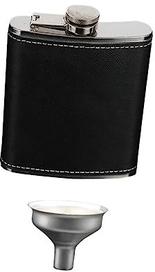 Amosfun 8oz Flasque de Poche avec Entonnoir Étanche pour Whisky Rhum Vodka Acier Inoxydable Antirouille avec Étui Cuir Noir
