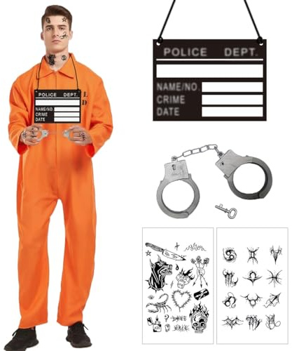 LGZIN Gefängnis Kostüm Herren, Häftling Kostüm Herren, Orange Sträfling Kostü-m mit Namensschild, Handschellen und Aufkleber, Overall Prisoner Costume, Insasse Kostü-m Halloween Karneval Cosplay