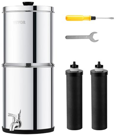 VEVOR Système de Filtration d'Eau par Gravité 5,5 L, Filtre à Eau par Gravité de Comptoir, en Inox 304, Réduction du Plomb et jusqu'à 99% du Chlore, avec 2 Filtres à Charbon et Robinet, Domicile