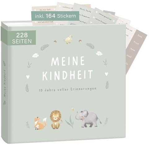 mintkind® Erinnerungsalbum Kindheit Salbei, Babybuch mit Sticker Set, Geschenk zur Geburt, Fotoalbum Kinder, Tagebuch zum Eintragen, Erinnerungsbuch 0–10 Jahre, Hardcover Album