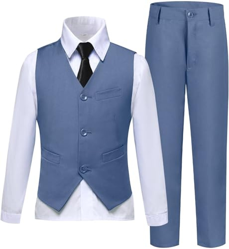 Laimi Duo Jungenanzug für Kinder, Smoking für Jungen, Kleinkind, Weste, Hose, Set, Ringträger, Outfit, Kleid, Kleidung, 4 Stück, Blaugrau, 140