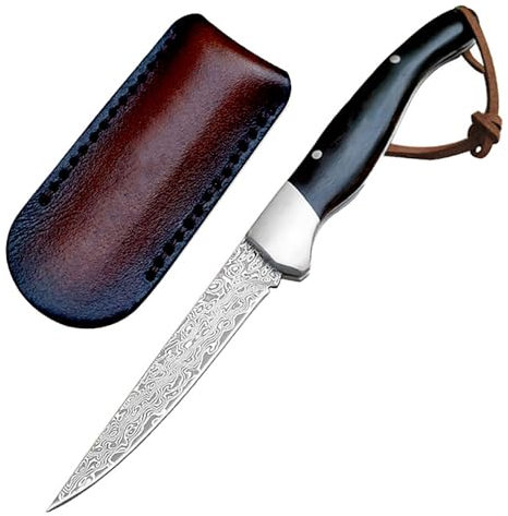 Lius Group Couteau pliant de qualité supérieure - Portable - En acier damassé - En bois d'ébène de Damas - Couteau d'extérieur - Couteau de survie - Couteau de chasse tranchant - Fourreau en cuir -