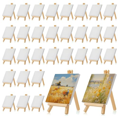 32 Pack Mini Canvas and Easel Set for Painting, Small Canvases for Kids