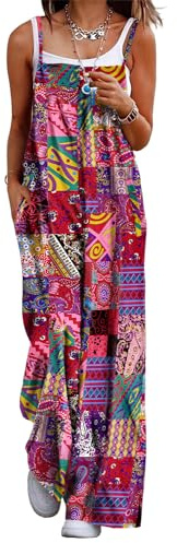 YESNO Women's Ladies Dungarees Summer Boho Floral Printed Overalls Cotton Baggy Jumpsuits with Pockets XL PZZCRUK P002R