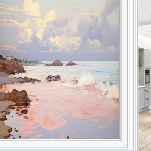 Lámina decorativa de cristal esmerilado para ventana, diseño moderno y colorido con efecto océano, con efecto de paisaje de casa costera, control de calor, adhesivo estático, 80 x 120 cm