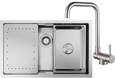 CECIPA Spülbecken 70 x 45 CM mit Vorfenster-Küchenarmatur klappbar, Edelstahl Küchenspüle inkl. Siphon, Spüle inkl. Ersatz-Innenspüle und Schneidebrett, Spüle Küche mit Armatur