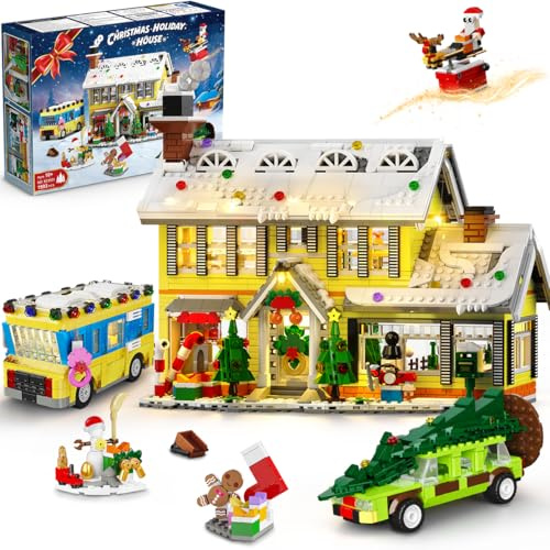 CUBIMANA 2025 Weihnachts Lebkuchenhaus-Dorf-Bausatz mit Licht – 1993Teile Weihnachts Schneedorf Mini Bausteinspielzeug mit Bus und Pickup-Truck Erwachsene Jungen Mädchen ab 12