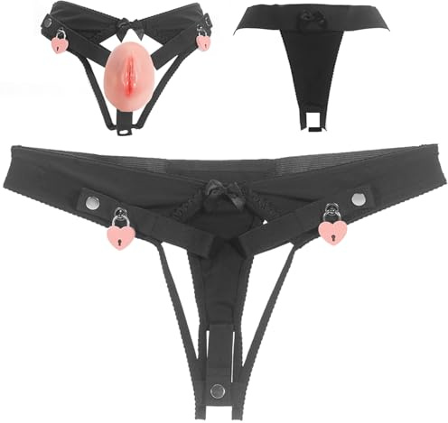Male Chastity Cage Sex Toys, Realistic Pussy Cock Cage Lock & Chastity Sexy Underwear Adjustable Strap on Harness Chastity Belts Devices, SM Bondage Sex Toy for Gay Sissy Men Cage(L-Black-Belt)