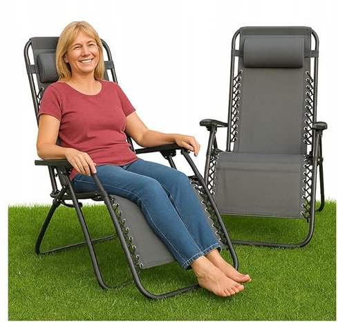 BDW Zero-Gravity Gartenliege, Chillen, Liegestuhl Klappbar mit Stufenlos verstellbare Positionen & Kopfstütze, Klappbarer Strandstuhl, 175 cm Länge, 65 cm Breite, Textilene (2 Stück grau)