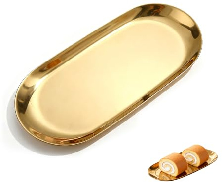 Nevoluxer Gold Trinket Dish, Oval Metal Tray, Stainless Steel Vanity Tray Perfume Tray for Jewellery Makeup Cosmetics Tea Fruit Serving Kitchen Bathroom Bedroom