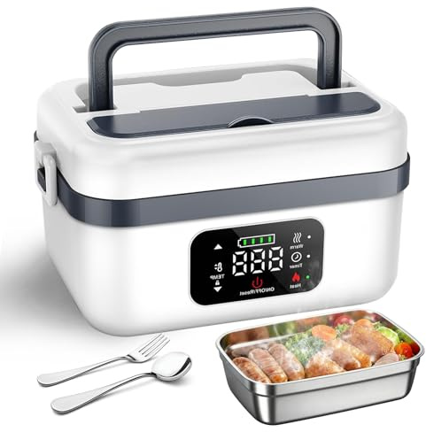 Gamelle Chauffante avec Batterie,Acier Inoxydable Electric Lunch Box 1L, Chauffeur de Nourriture, 6 Niveaux Température+8 Timers, Étanchéité Portable, Pour Travail/Voyage/Véhicule/Bureau (Blanc)