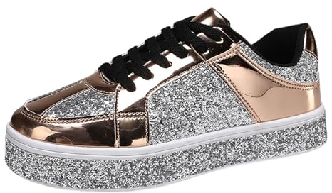 Zapatillas de deporte para mujer, con purpurina, con lentejuelas, antideslizantes, para el tiempo libre, cómodos, de lona, para caminar, Oro rosa, 42 EU